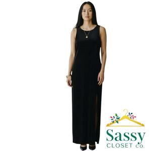 ANN TAYLOR Black Silk Blend Velvet Maxi Dress 6 Formal Evening Gown Slit EUC